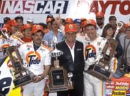 Darrel Waltrip (R) victorious after winning the 1989 Daytona 500 race - Source: Getty